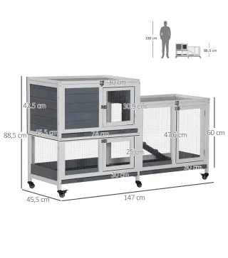 Conejera de Madera con Ruedas 147x45,5x88,5 cm Jaula para Conejos de 2 Niveles con Techo Abrible 2 Corrales de Metal 3 Bandejas
