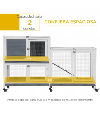 Conejera de Madera con Ruedas 147x45,5x88,5 cm Jaula para Conejos de 2 Niveles con Techo Abrible 2 Corrales de Metal 3 Bandejas