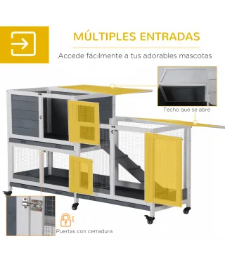 Conejera de Madera con Ruedas 147x45,5x88,5 cm Jaula para Conejos de 2 Niveles con Techo Abrible 2 Corrales de Metal 3 Bandejas