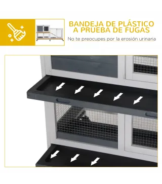 Conejera de Madera con Ruedas 147x45,5x88,5 cm Jaula para Conejos de 2 Niveles con Techo Abrible 2 Corrales de Metal 3 Bandejas