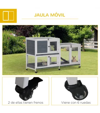 Conejera de Madera con Ruedas 147x45,5x88,5 cm Jaula para Conejos de 2 Niveles con Techo Abrible 2 Corrales de Metal 3 Bandejas