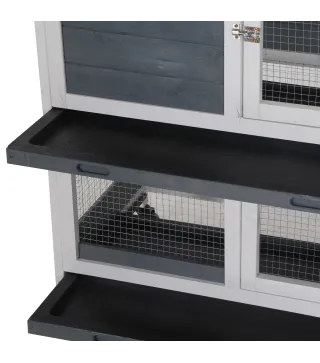 Conejera de Madera con Ruedas 147x45,5x88,5 cm Jaula para Conejos de 2 Niveles con Techo Abrible 2 Corrales de Metal 3 Bandejas