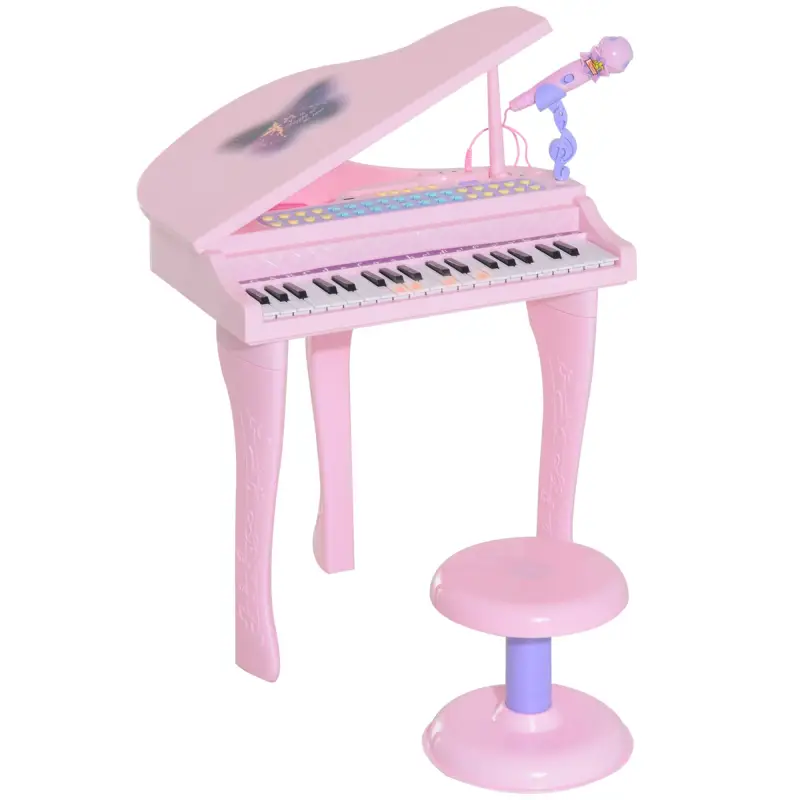 Piano Infantil 37 Teclas Teclado Electrónico Piano para Niños con Micrófono Taburete Luces y 22 Canciones USB/MP3 Karaoke Modo d