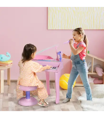 Piano Infantil 37 Teclas Teclado Electrónico Piano para Niños con Micrófono Taburete Luces y 22 Canciones USB/MP3 Karaoke Modo d