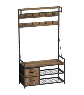 Perchero Zapatero con Zapatero Doble 10 Ganchos Ajustables 2 Cajones y Barra Colgante 100x40x180 cm Marrón Rústico