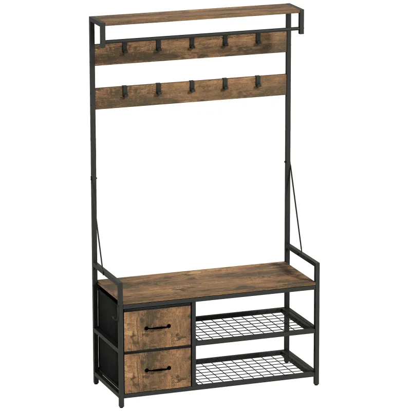 Perchero Zapatero con Zapatero Doble 10 Ganchos Ajustables 2 Cajones y Barra Colgante 100x40x180 cm Marrón Rústico