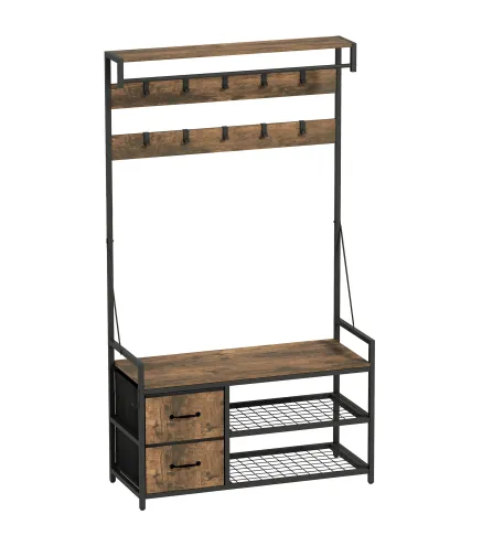 Perchero Zapatero con Zapatero Doble 10 Ganchos Ajustables 2 Cajones y Barra Colgante 100x40x180 cm Marrón Rústico