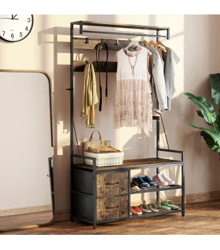 Perchero Zapatero con Zapatero Doble 10 Ganchos Ajustables 2 Cajones y Barra Colgante 100x40x180 cm Marrón Rústico