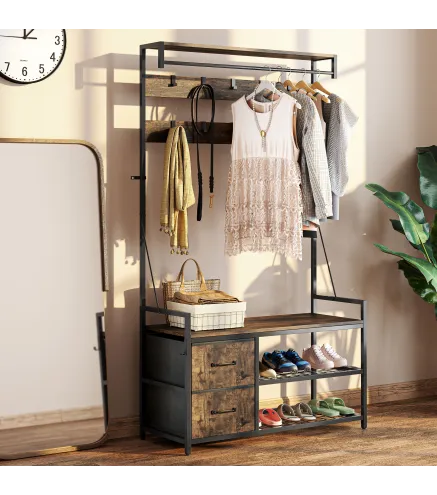 Perchero Zapatero con Zapatero Doble 10 Ganchos Ajustables 2 Cajones y Barra Colgante 100x40x180 cm Marrón Rústico