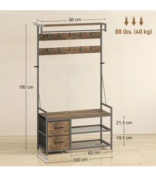 Perchero Zapatero con Zapatero Doble 10 Ganchos Ajustables 2 Cajones y Barra Colgante 100x40x180 cm Marrón Rústico