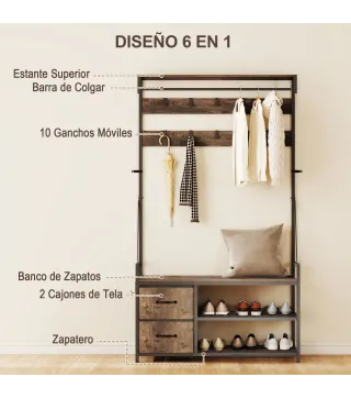Perchero Zapatero con Zapatero Doble 10 Ganchos Ajustables 2 Cajones y Barra Colgante 100x40x180 cm Marrón Rústico