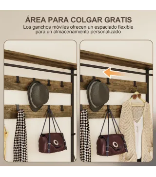 Perchero Zapatero con Zapatero Doble 10 Ganchos Ajustables 2 Cajones y Barra Colgante 100x40x180 cm Marrón Rústico