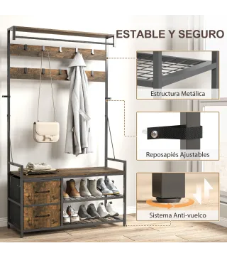 Perchero Zapatero con Zapatero Doble 10 Ganchos Ajustables 2 Cajones y Barra Colgante 100x40x180 cm Marrón Rústico