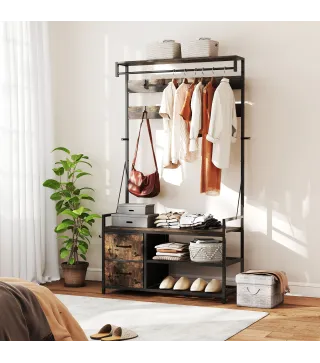 Perchero Zapatero con Zapatero Doble 10 Ganchos Ajustables 2 Cajones y Barra Colgante 100x40x180 cm Marrón Rústico