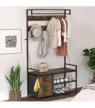 Perchero Zapatero con Zapatero Doble 10 Ganchos Ajustables 2 Cajones y Barra Colgante 100x40x180 cm Marrón Rústico