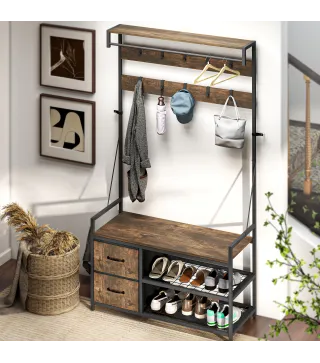 Perchero Zapatero con Zapatero Doble 10 Ganchos Ajustables 2 Cajones y Barra Colgante 100x40x180 cm Marrón Rústico
