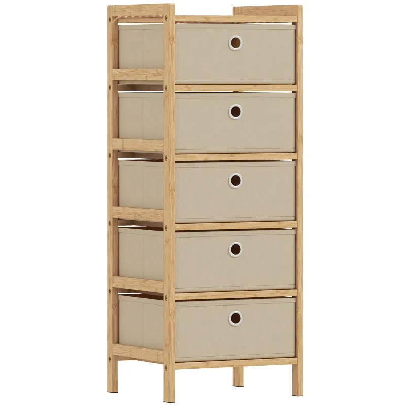 Cómoda con 5 Cajones de Tela Estructura de Bambú Cajonera para Espacios Pequeños Crema y Natural