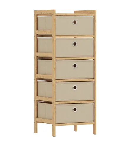 Cómoda con 5 Cajones de Tela Estructura de Bambú Cajonera para Espacios Pequeños Crema y Natural