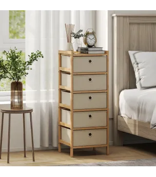 Cómoda con 5 Cajones de Tela Estructura de Bambú Cajonera para Espacios Pequeños Crema y Natural