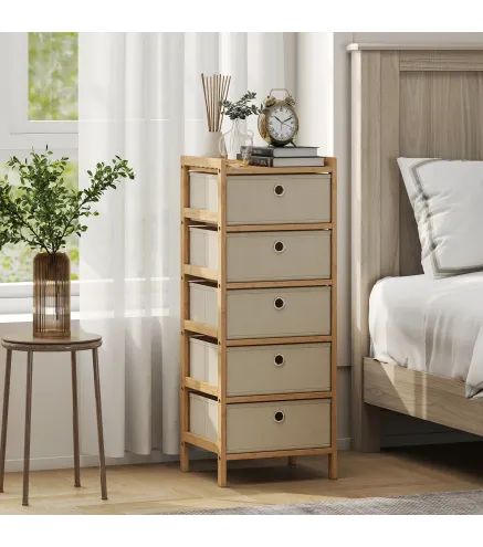 Cómoda con 5 Cajones de Tela Estructura de Bambú Cajonera para Espacios Pequeños Crema y Natural