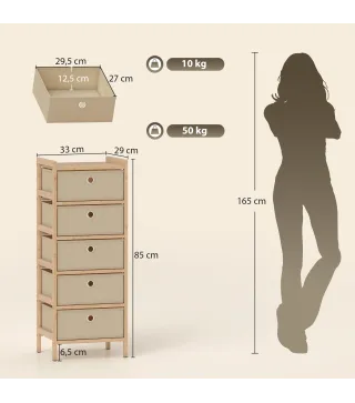 Cómoda con 5 Cajones de Tela Estructura de Bambú Cajonera para Espacios Pequeños Crema y Natural