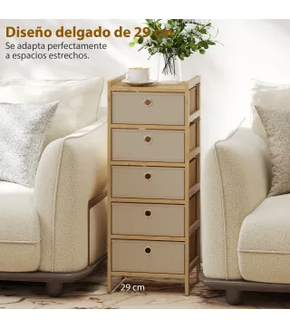 Cómoda con 5 Cajones de Tela Estructura de Bambú Cajonera para Espacios Pequeños Crema y Natural