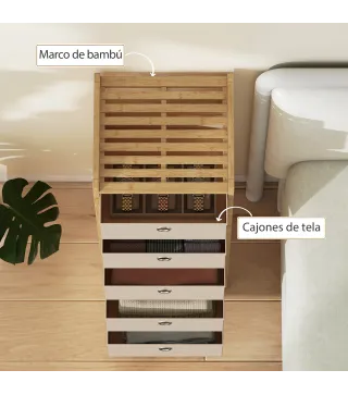 Cómoda con 5 Cajones de Tela Estructura de Bambú Cajonera para Espacios Pequeños Crema y Natural