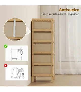 Cómoda con 5 Cajones de Tela Estructura de Bambú Cajonera para Espacios Pequeños Crema y Natural