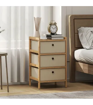 Cómoda con 3 Cajones de Tela Estructura de Bambú Cajonera para Espacios Pequeños Crema y Natural