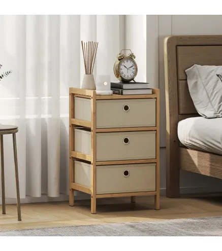 Cómoda con 3 Cajones de Tela Estructura de Bambú Cajonera para Espacios Pequeños Crema y Natural