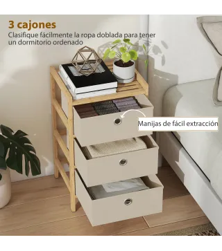 Cómoda con 3 Cajones de Tela Estructura de Bambú Cajonera para Espacios Pequeños Crema y Natural