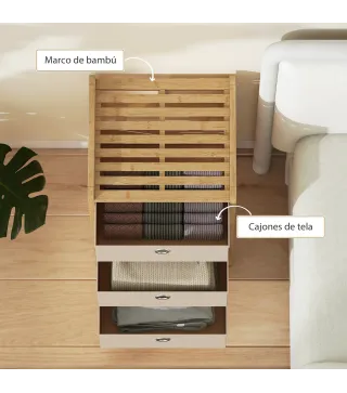 Cómoda con 3 Cajones de Tela Estructura de Bambú Cajonera para Espacios Pequeños Crema y Natural
