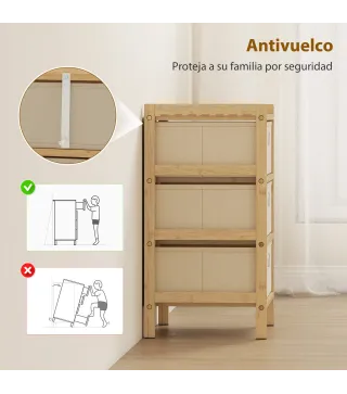 Cómoda con 3 Cajones de Tela Estructura de Bambú Cajonera para Espacios Pequeños Crema y Natural