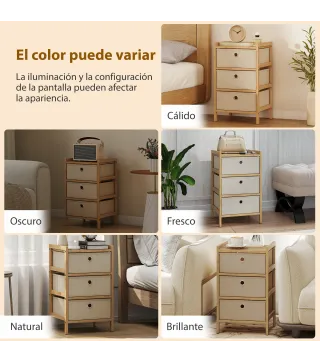 Cómoda con 3 Cajones de Tela Estructura de Bambú Cajonera para Espacios Pequeños Crema y Natural