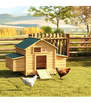 Gallinero de Madera para Exterior con 2 Nidos Bandeja Extraíble Perchas Techo Impermeable 150x100x96,5 cm Amarillo