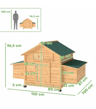Gallinero de Madera para Exterior con 2 Nidos Bandeja Extraíble Perchas Techo Impermeable 150x100x96,5 cm Amarillo