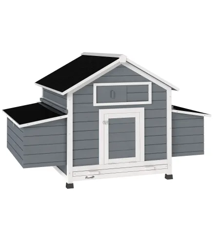 Gallinero de Madera para Exterior con 2 Nidos Bandeja Extraíble Perchas Techo Impermeable 150x100x96,5 cm Gris