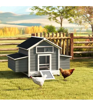 Gallinero de Madera para Exterior con 2 Nidos Bandeja Extraíble Perchas Techo Impermeable 150x100x96,5 cm Gris