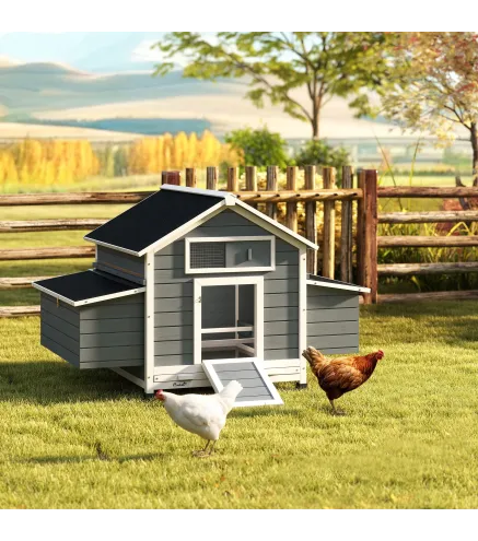 Gallinero de Madera para Exterior con 2 Nidos Bandeja Extraíble Perchas Techo Impermeable 150x100x96,5 cm Gris