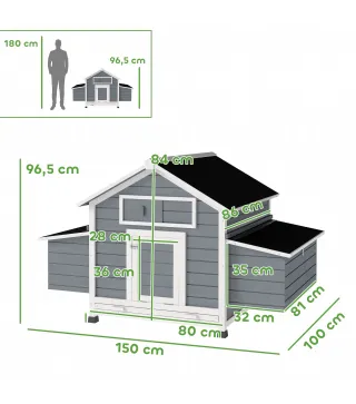 Gallinero de Madera para Exterior con 2 Nidos Bandeja Extraíble Perchas Techo Impermeable 150x100x96,5 cm Gris