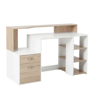 Mesa de Ordenador PC 137x55x92 cm Escritorio con Estantería de 3 Estantes 2 Cajones y Soporte para Impresora para Oficina Estudi