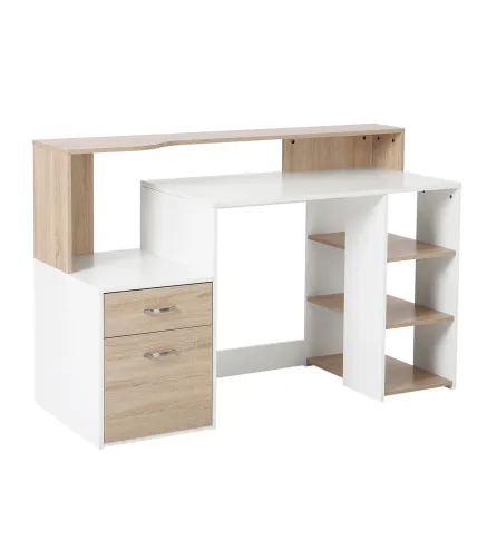 Mesa de Ordenador PC 137x55x92 cm Escritorio con Estantería de 3 Estantes 2 Cajones y Soporte para Impresora para Oficina Estudi