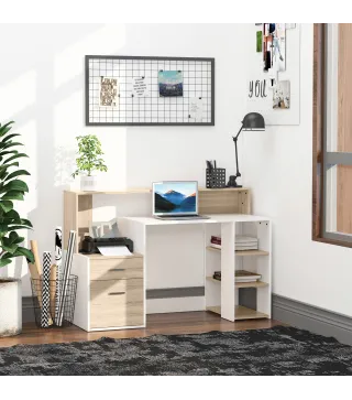 Mesa de Ordenador PC 137x55x92 cm Escritorio con Estantería de 3 Estantes 2 Cajones y Soporte para Impresora para Oficina Estudi