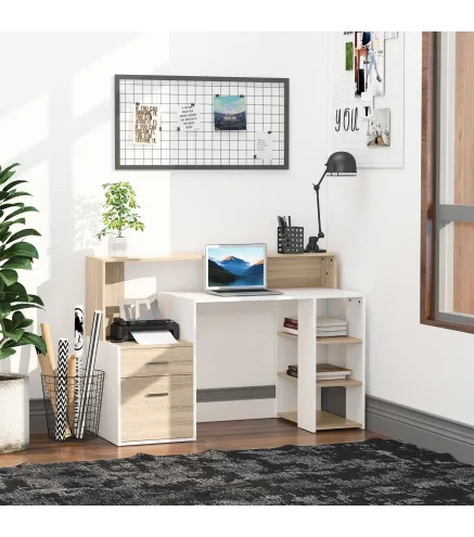 Mesa de Ordenador PC 137x55x92 cm Escritorio con Estantería de 3 Estantes 2 Cajones y Soporte para Impresora para Oficina Estudi