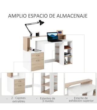 Mesa de Ordenador PC 137x55x92 cm Escritorio con Estantería de 3 Estantes 2 Cajones y Soporte para Impresora para Oficin