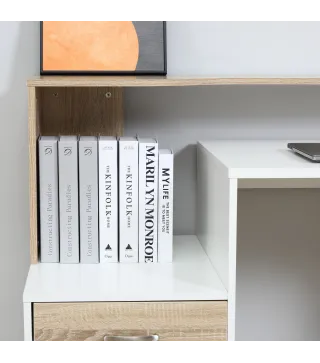 Mesa de Ordenador PC 137x55x92 cm Escritorio con Estantería de 3 Estantes 2 Cajones y Soporte para Impresora para Oficin