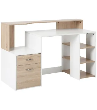 Mesa de Ordenador PC 137x55x92 cm Escritorio con Estantería de 3 Estantes 2 Cajones y Soporte para Impresora para Oficin