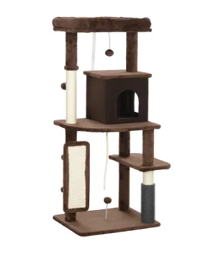 Árbol Rascador para Gatos 132 cm con Plataformas Poste con Cepillo Bolas Colgantes y Almohadilla para Rascar Marrón