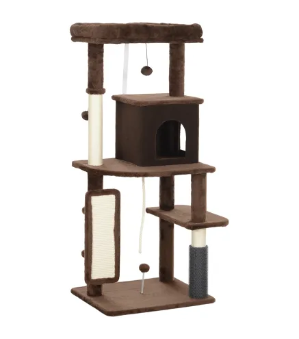 Árbol Rascador para Gatos 132 cm con Plataformas Poste con Cepillo Bolas Colgantes y Almohadilla para Rascar Marrón