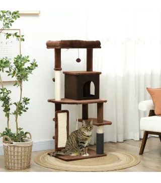 Árbol Rascador para Gatos 132 cm con Plataformas Poste con Cepillo Bolas Colgantes y Almohadilla para Rascar Marrón